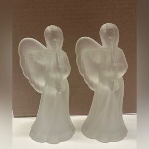 Pressed Satin Glass‎ Angel Candle Holders Set Of 2 Vintage Nice